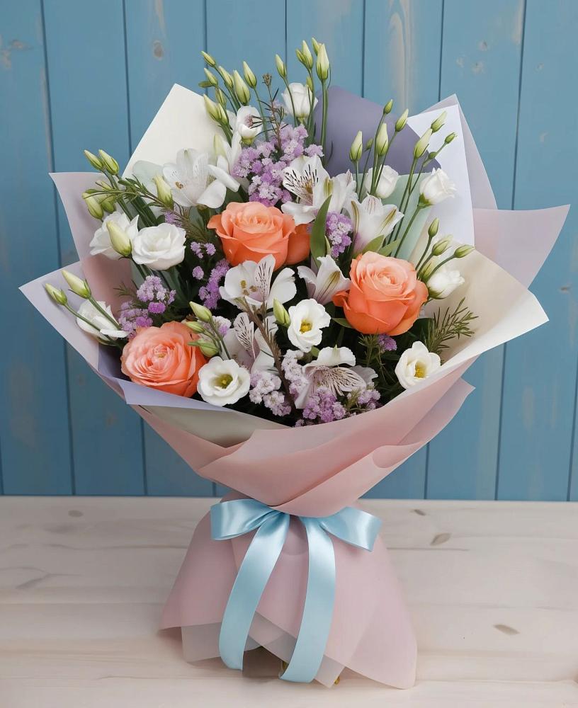 Букет цветов из: Лизиантусы, Розы, Альстромерии и Гипсофила в Сурхахи