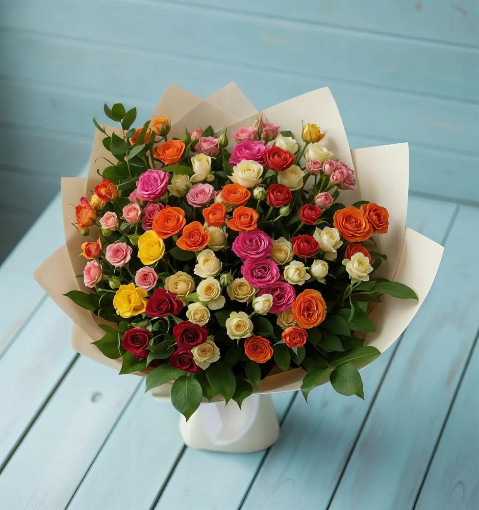 Букет Микс из разноцветных кустовых роз в Сурхахи