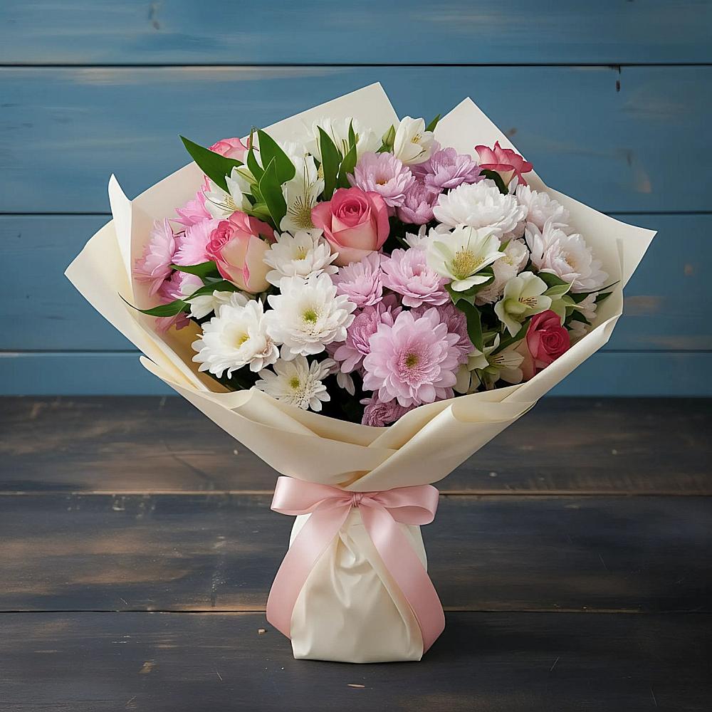 Букет цветов из: Хризантемы, Альстромерии и Розы в Сурхахи